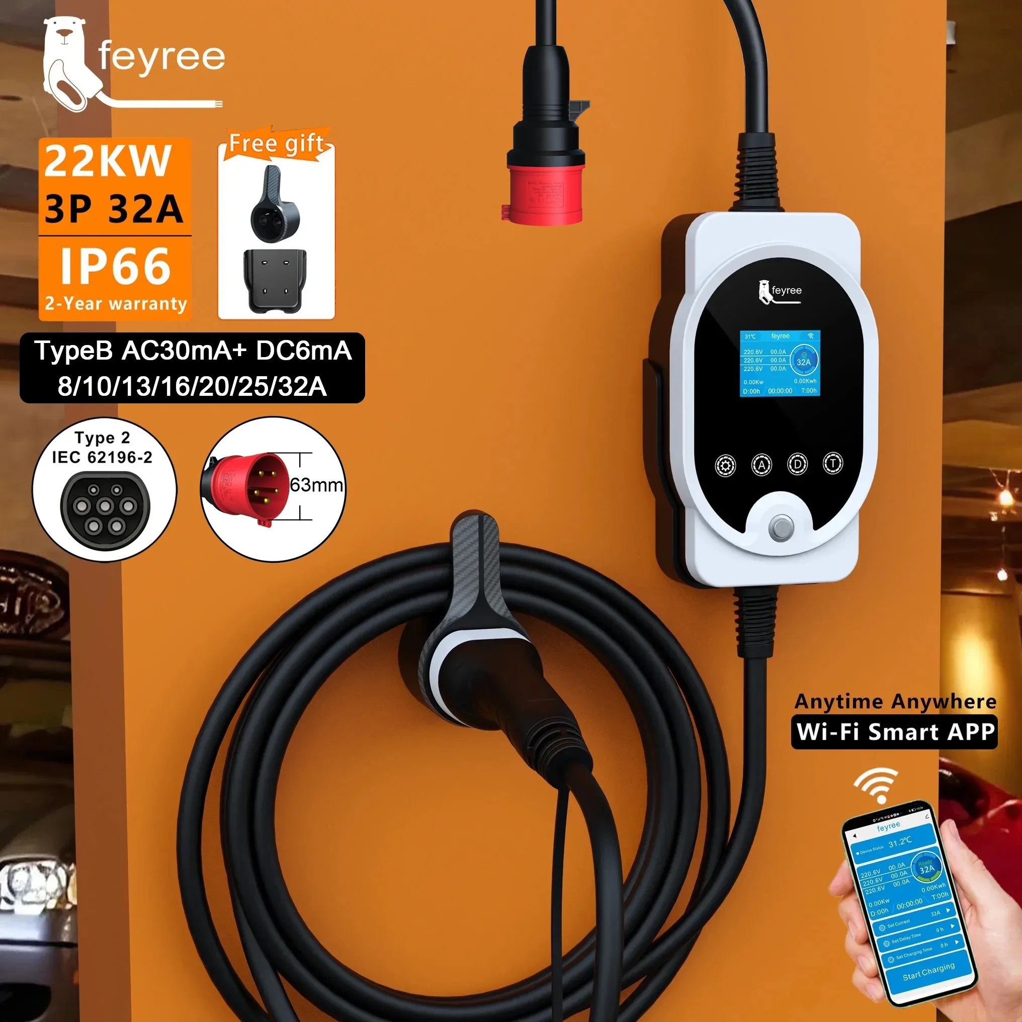 Ev Charger Type 2 22Kw 32A 3 Phase - Feyree 22KW Tip2 Kablolu EVSE Duvar