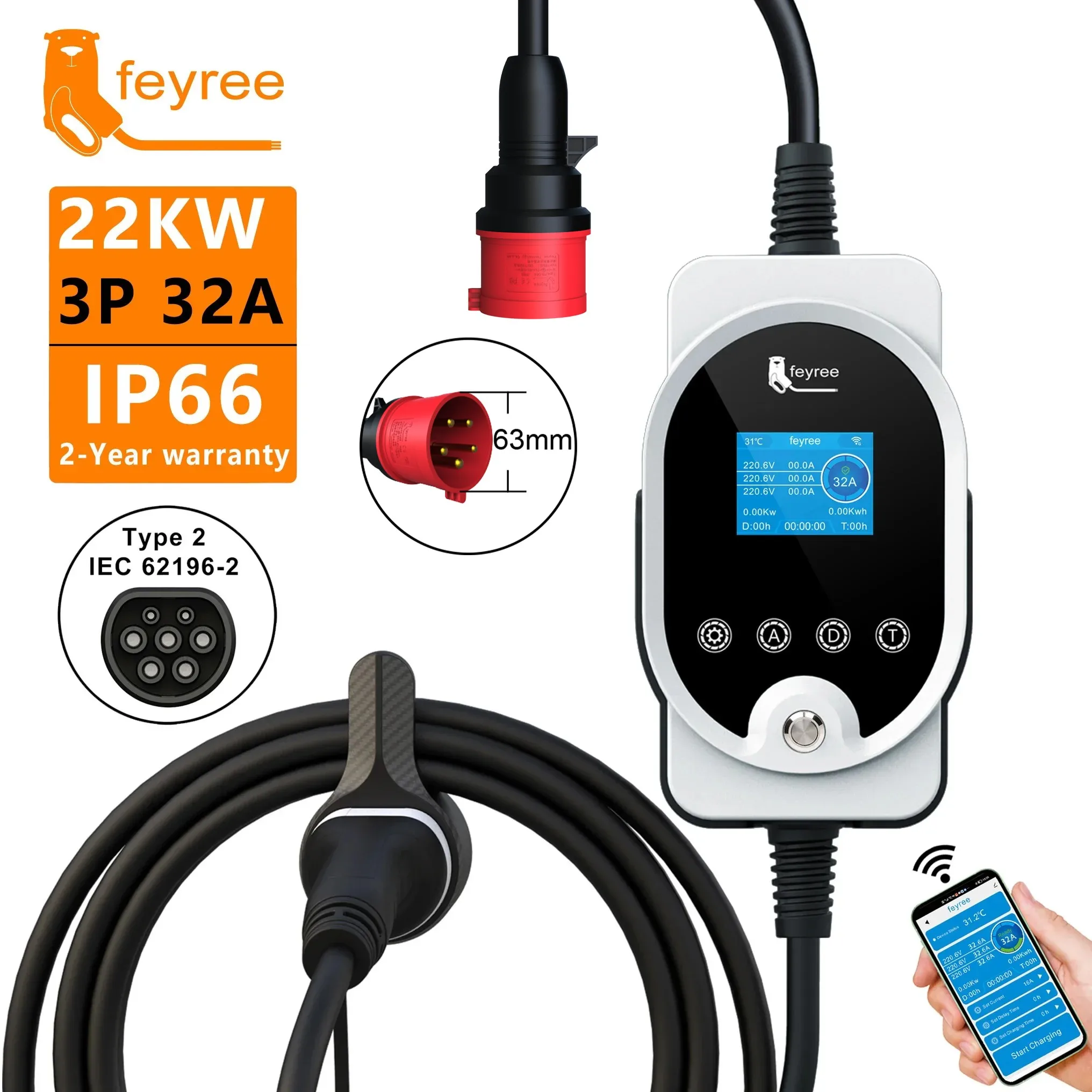 Feyree 22KW Tip2 Kablolu EVSE  - Ev Charger Type 2 22Kw 32A 3 Phase incelemesi ve fiyatı